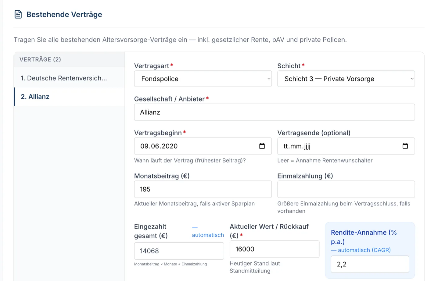 SMR Advisor — Eingabe- und Ergebnisansicht der Ruhestandsberatung